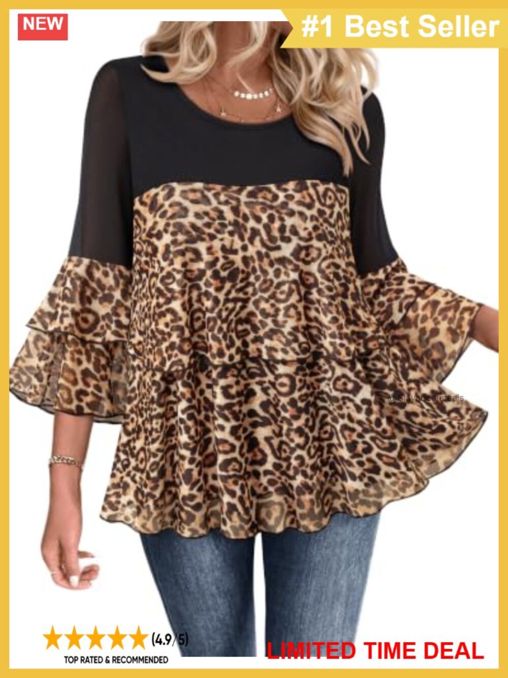 Sparkly Peplum Blouse 3/4 Ruffle Sleeve Evening Top